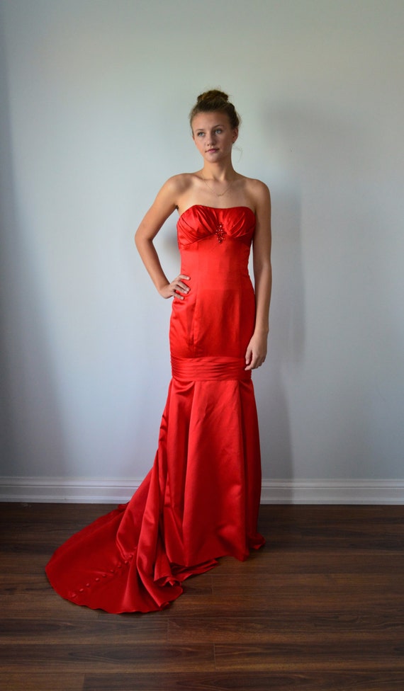 Red Satin Evening Gown, Pageant Gown, Vintage Gown
