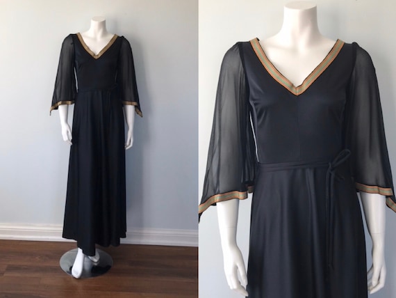 1970s The House of Nu-Mode Black Maxi Dress, Black