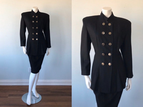 Vintage Black Wool Suit, Military Style Black Suit