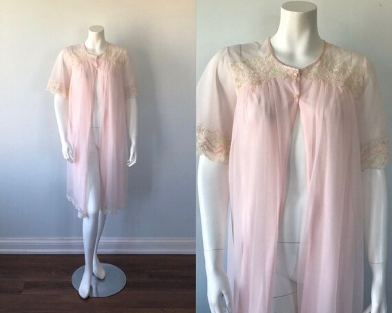 Vintage Pink Chiffon Robe, French Maid, 1960s Chif