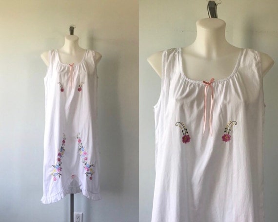 Vintage 1980s White Cotton Embroidered Nightgown,