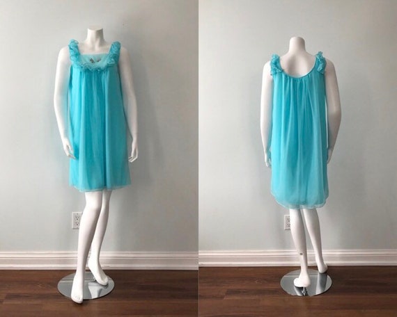 Vintage Aqua Chiffon Nightgown, Canadian Maid, 196