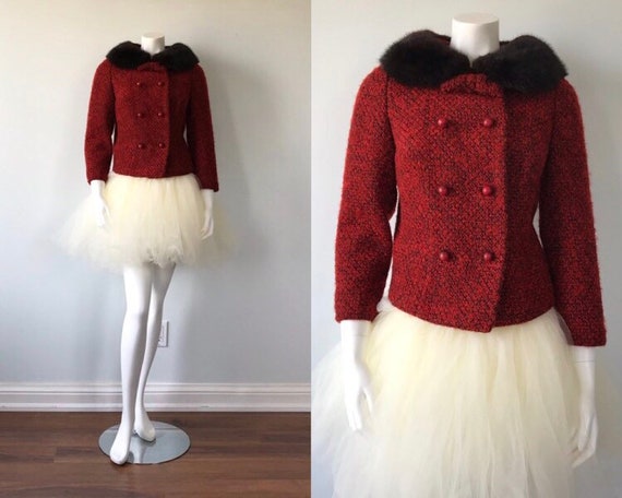 1960s Wool Boucle Cropped Jacket, Red Wool Jacket,