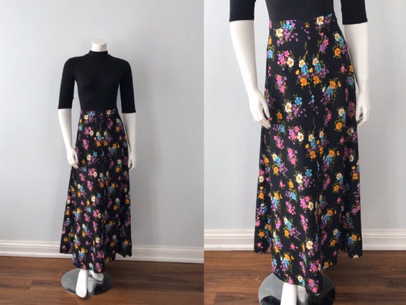 1970s Black Floral Maxi Skirt, Vintage Maxi Skirt