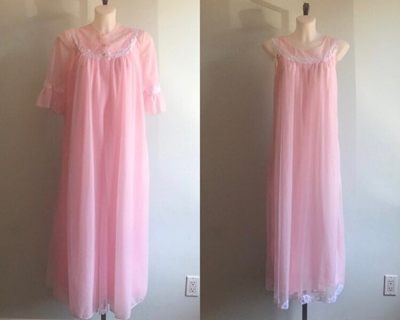 Vintage Pink Chiffon Peignoir Set, 1960s Pink Chif