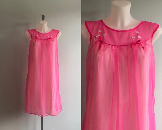 Vintage Pink Chiffon Nightgown, Short Nightgown, V