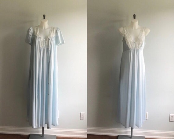 Vintage Blue Peignoir Set, 1980s Pegnoir Set, Vass