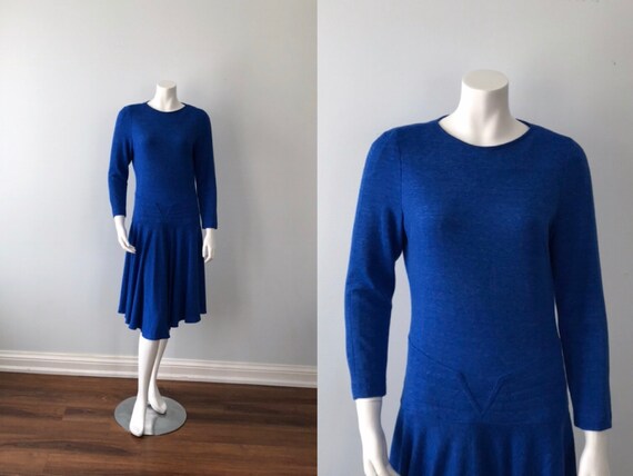 Louis Ferraud, Vintage Blue Wool Dress, 1980s Wool