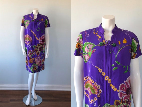 Vintage 1970s Dress, Bill Blass, Purple Floral Dre