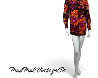 Vintage Floral Tunic Blouse 1960s Long Sleeve Blouse