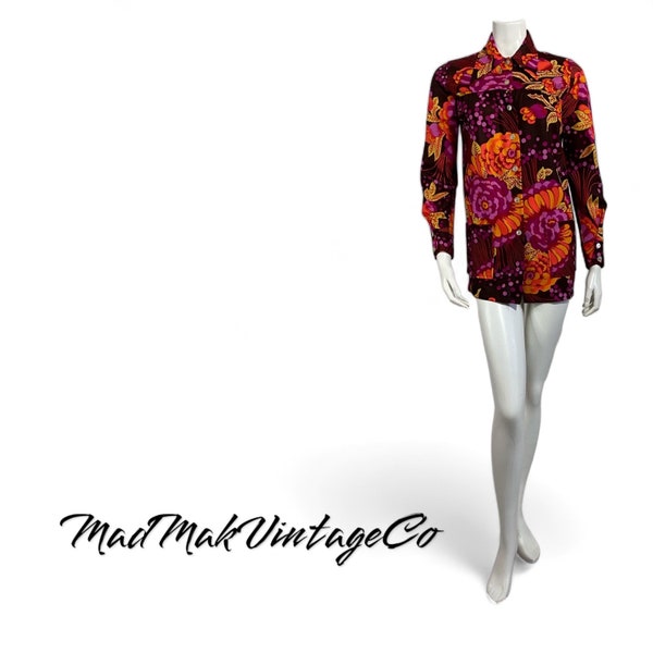 Vintage Floral Tunic Blouse 1960s Long Sleeve Blouse