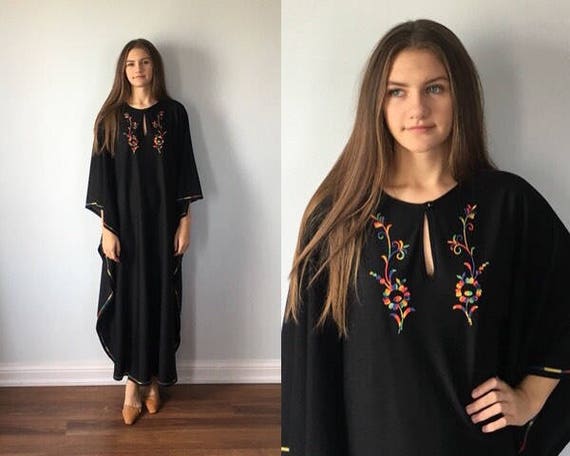 Vintage Black Mumu Caftan, 1970s Black Caftan, St