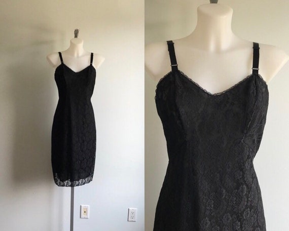 Vintage Black Lace Full Slip, Black Lace Slip, Vin