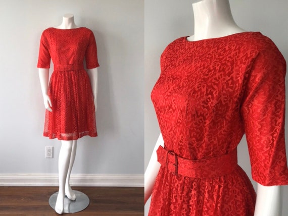 Vintage Red Lace Dress, 1950s Dress, Red Lace Dres