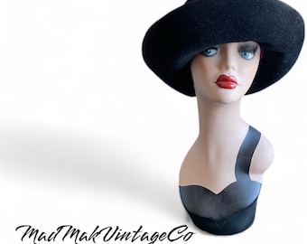 Vintage Black Wide Brimmed Hat 1950s Georgette