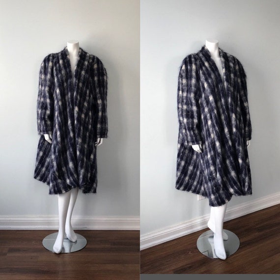 Vintage Blue Plaid Mohair Swing Coat, Vintage Swin