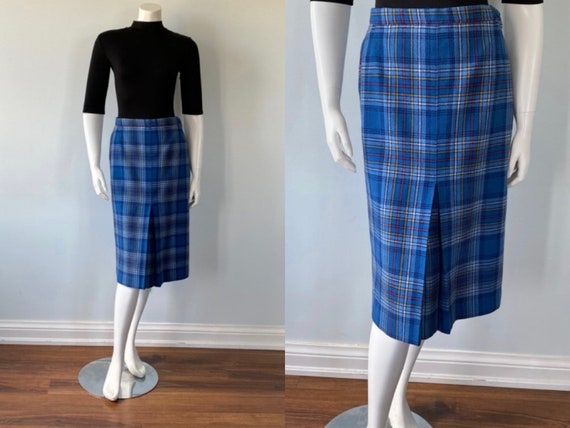 Vintage Blue Plaid Skirt, 1960s Plaid Skirt, Moffa