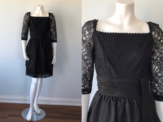 Vintage Black Dress, 1950s Black Dress, Black Lace