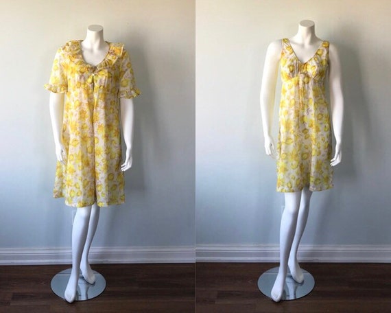 Vintage Floral Peignoir Set, Yellow Floral Peignoi