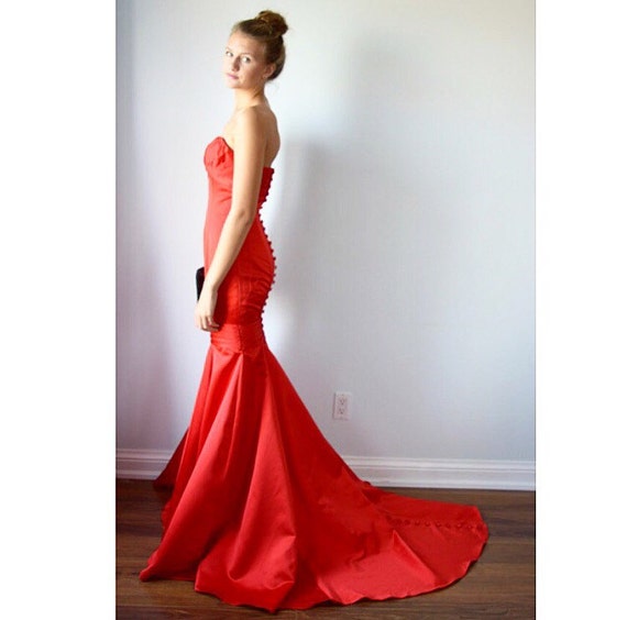 Red Satin Evening Gown, Pageant Gown, Vintage Gown