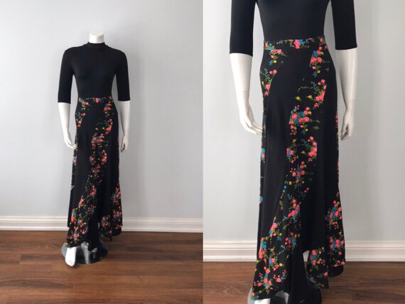Vintage Black Floral Maxi Skirt, The Market, 1970s