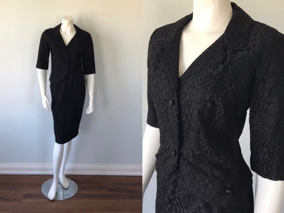 Vintage Black Lace Skirt Suit, 1950s Black Lace Sk