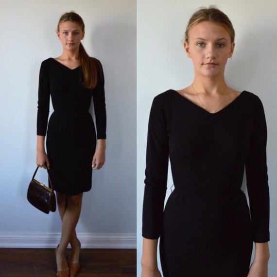 Vintage Black Dress, 1950s Black Dress, Black Cock