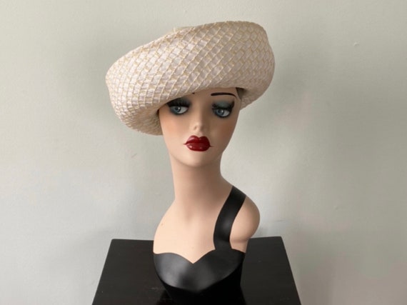 Vintage Ellen Faith Hat, 1960s White Hat, Wide Bri