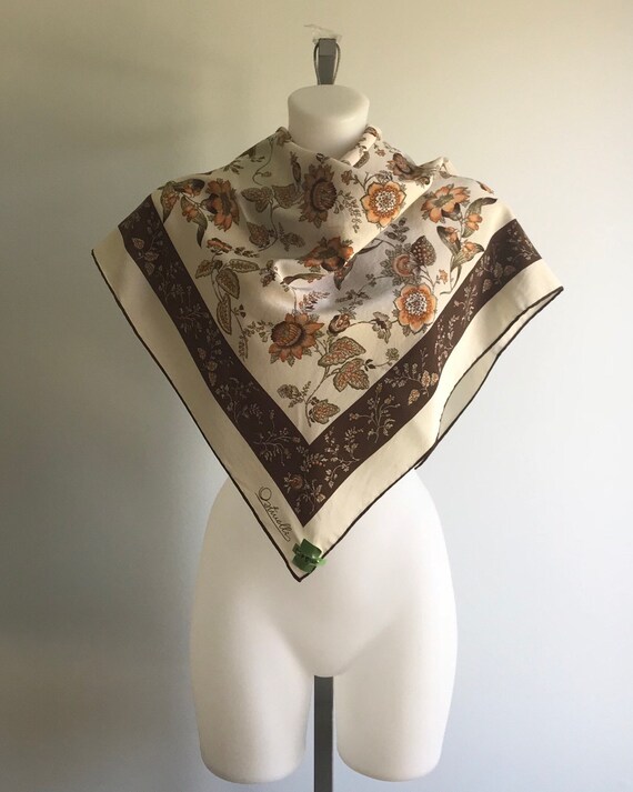 Vintage Ostinelli Silk Scarf, Ivory and Brown Flor