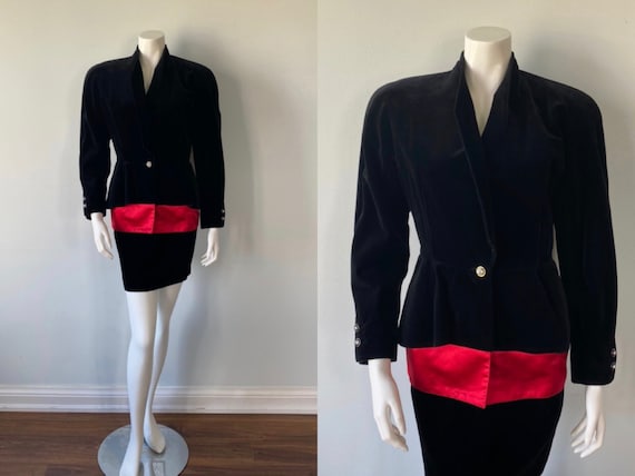 Vintage Black Velvet Skirt Suit, 1980s Velvet Skir