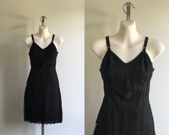 Vintage 1960s Black Lace Short Full Slip, Black Fu