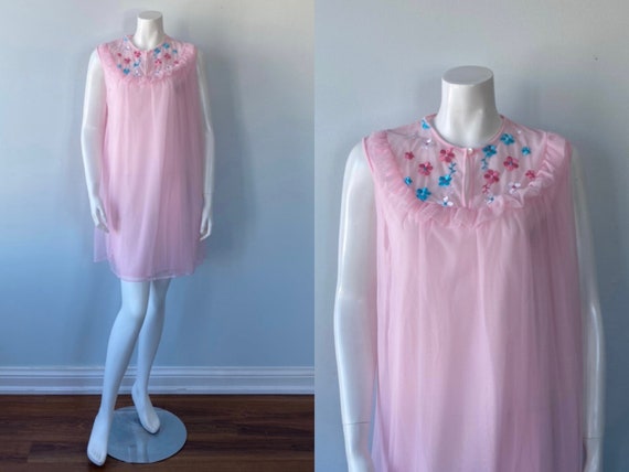 Vintage Pink Chiffon Nightgown, 1960s Pink Chiffon