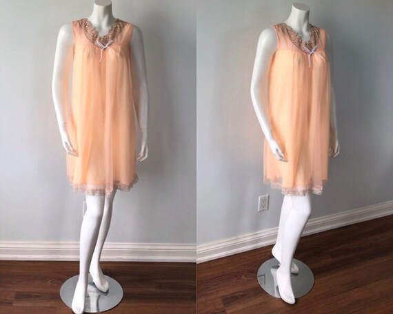 Vintage Peach Chiffon Nightgown, 1960s Chiffon Nig