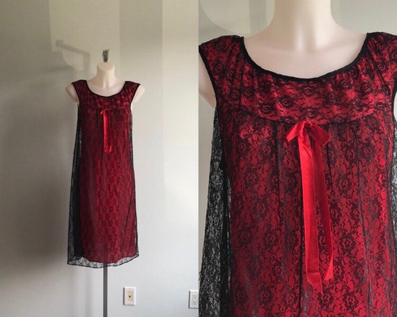 Vintage Black Lace Short Nightgown, Black with Red