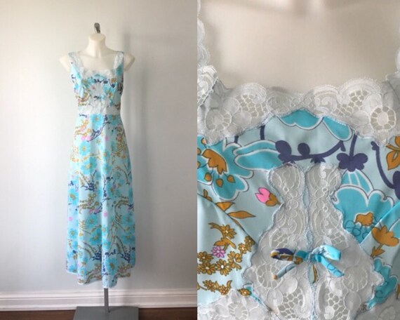 Vintage Gafer Floral Nightgown, Gafer, Blue Floral