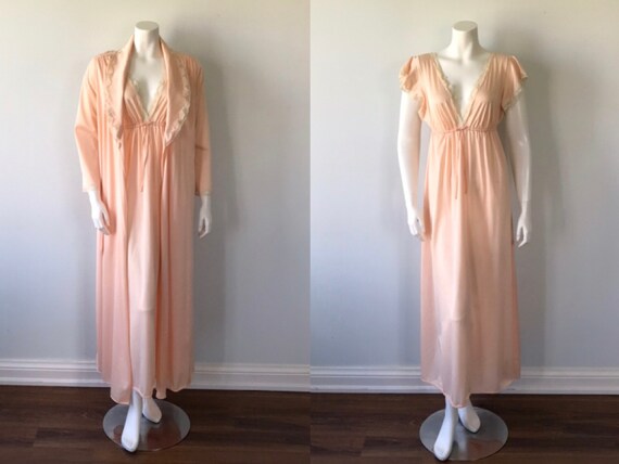Vintage Peach Peignoir Set, 1970s Peignoir Set, Fr