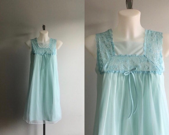 Vintage Aqua Blue Chiffon Nightgown, Vintage Night