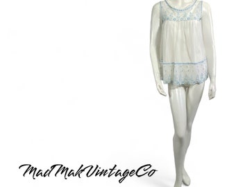 Vintage White and Blue Chiffon Baby Doll 1960s Short Nightgown Sexy Lingerie