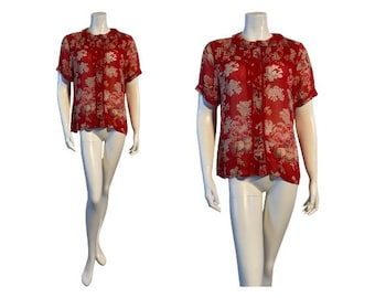 Vintage Red Floral Blouse 1980s April Cornell