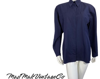 Vintage Navy Blue Cotton Blouse 1980s Claude Montana