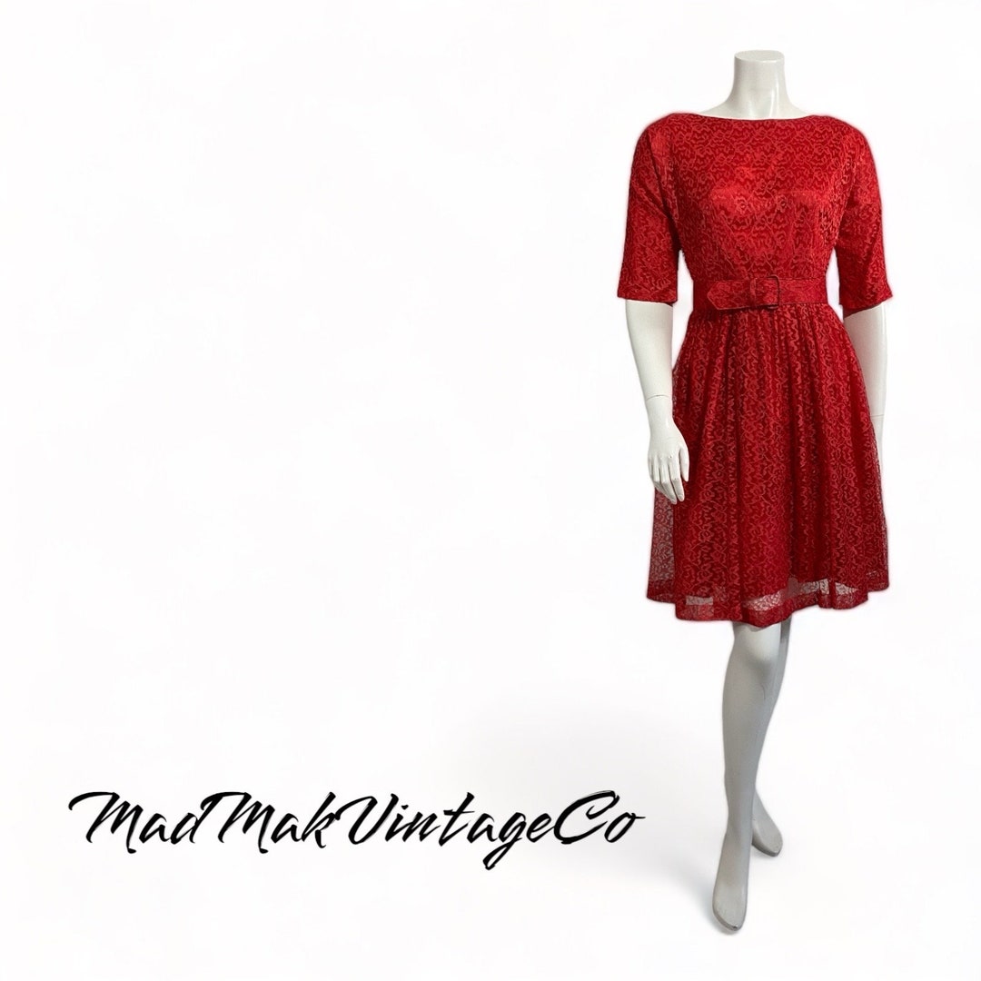Vintage red 1950’s 60’s paisley brocade fitted dress L main image 0