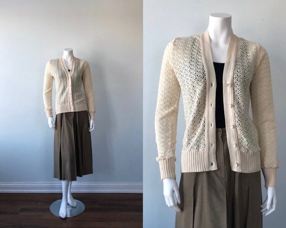 Vintage Cream Knit Ladies Cardigan, Bright Acrylic