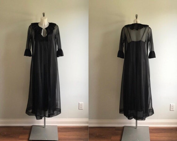 Vintage Black Chiffon Peignoir Set, Peignoir Set,