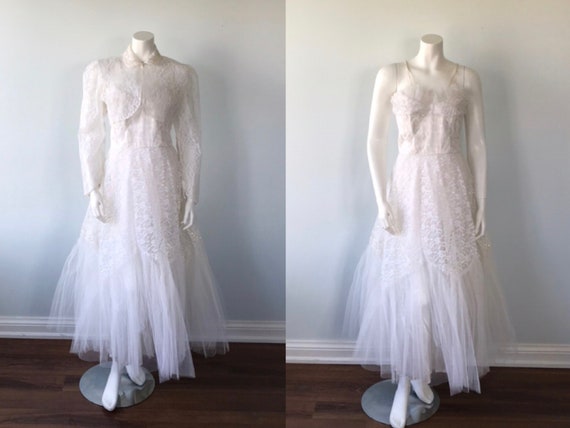 1950s White Lace and Tulle Prom Dress, 1950s Prom