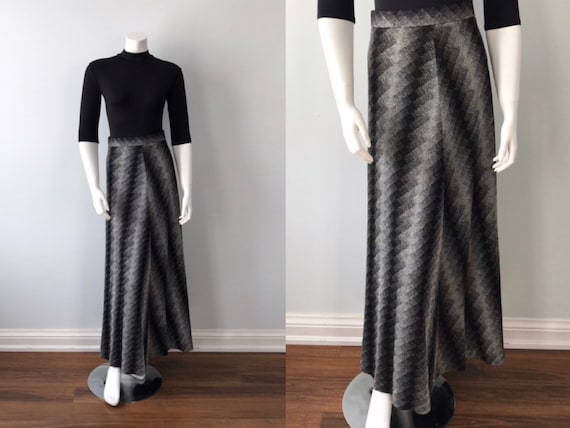 Vintage 1970s Maxi Skirt, Black and Silver Skirt,