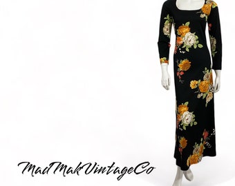Vintage Black Floral Maxi Dress 1970s Diamond Tea Gowns LTD