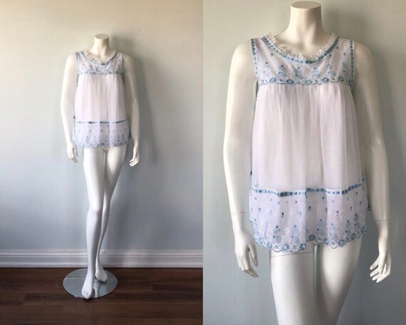 Vintage White and Blue Chiffon Baby Doll, 1960s Ch