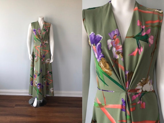 Vintage Green Floral Maxi Dress, 1970s Maxi Dress,
