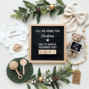 Babyaankondiging I'll Be Home for Christmas | Zwangerschapskaart voor feestdagen | Feestelijke vervaldatum bekend | Digitale sjabloon kerstcadeau
