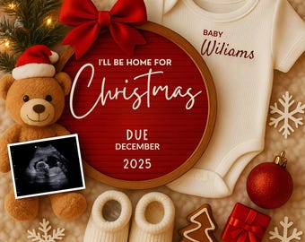 Bearbeitbare Weihnachtsbabyankündigung | Digital Urlaub Schwangerschaft offenbaren | Ich bin Weihnachten zu Hause | Winter-Baby offenbaren | Sofort Download